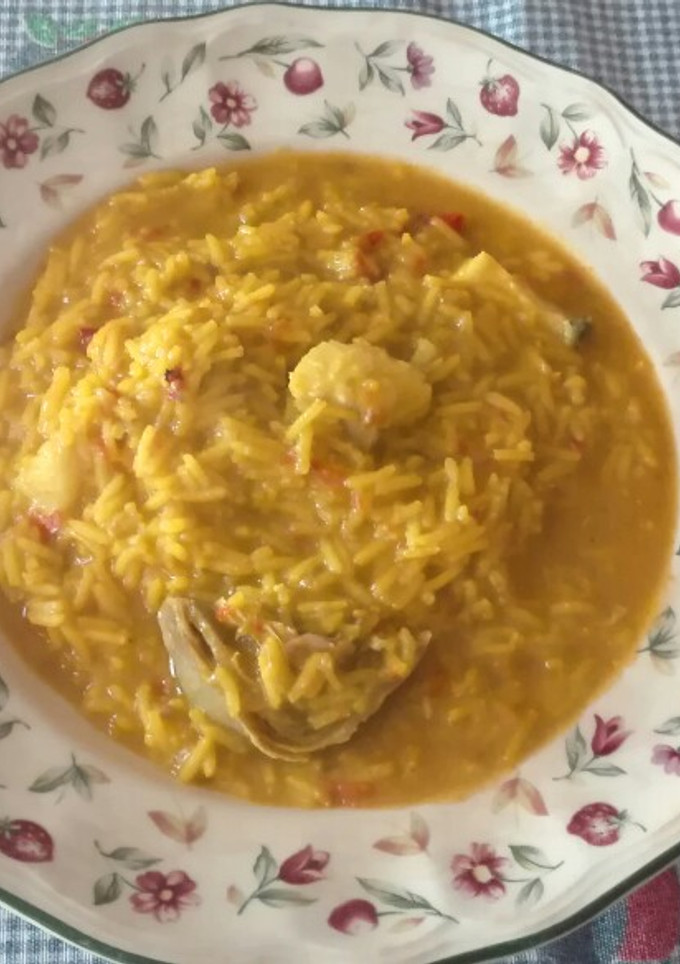 Una foto de Arroz basmati con bacalao y alcachofas. Thermomix