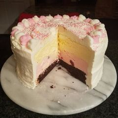 A picture of Neopolitan Ice Cream Cake.