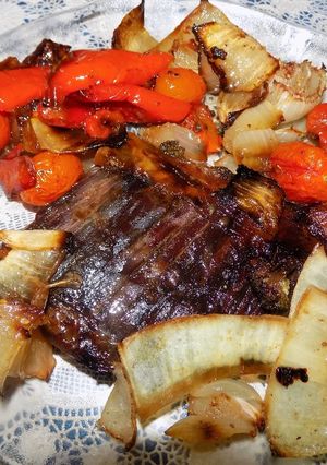 Una foto de Entraña con verduras al horno de la mamá Teresa !!!