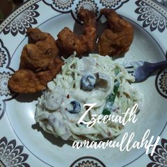 A picture of Cheesy Spaghetti with Homemade Prawn Nuggets.