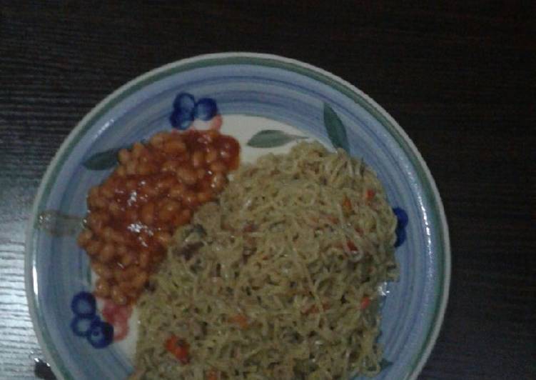 Spicy noodles with sardine and baked beans