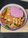 One Pot Paneer Steak with sauted veg and beetroot curd