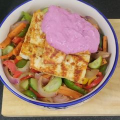 A picture of One Pot Paneer Steak with sauted veg and beetroot curd.