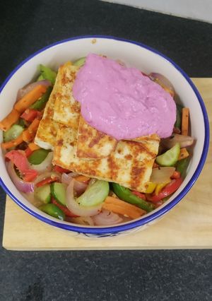 A picture of One Pot Paneer Steak with sauted veg and beetroot curd.