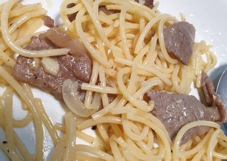 Bagaimana Menyiapkan Spaghetti Aglio Olio with Sirloin Slice, Lezat