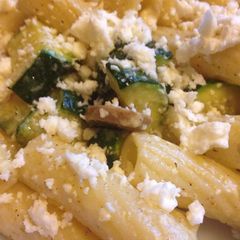A picture of Buttered Pasta with Zucchini, mushrooms and feta cheese.