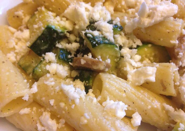 Steps to Make Perfect Buttered Pasta with Zucchini, mushrooms and feta cheese