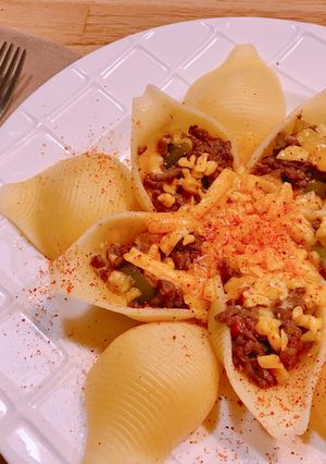 Hình của món Nui Sò Nhồi Bò Bằm Sốt BBQ Phủ Phô Mai.