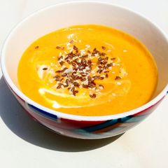 A picture of Butternut soup with a hint of roasted garlic.