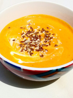 A picture of Butternut soup with a hint of roasted garlic.