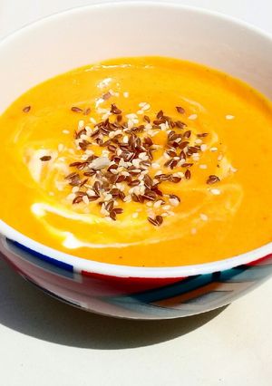 A picture of Butternut soup with a hint of roasted garlic.