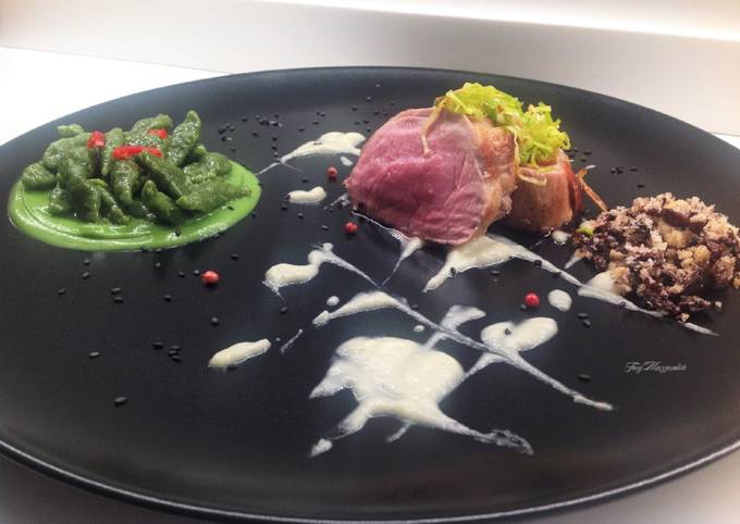 Ricetta di Veloce Filetto di maiale con crema di finocchio e Spätzle di spinaci con crema di broccoletto,