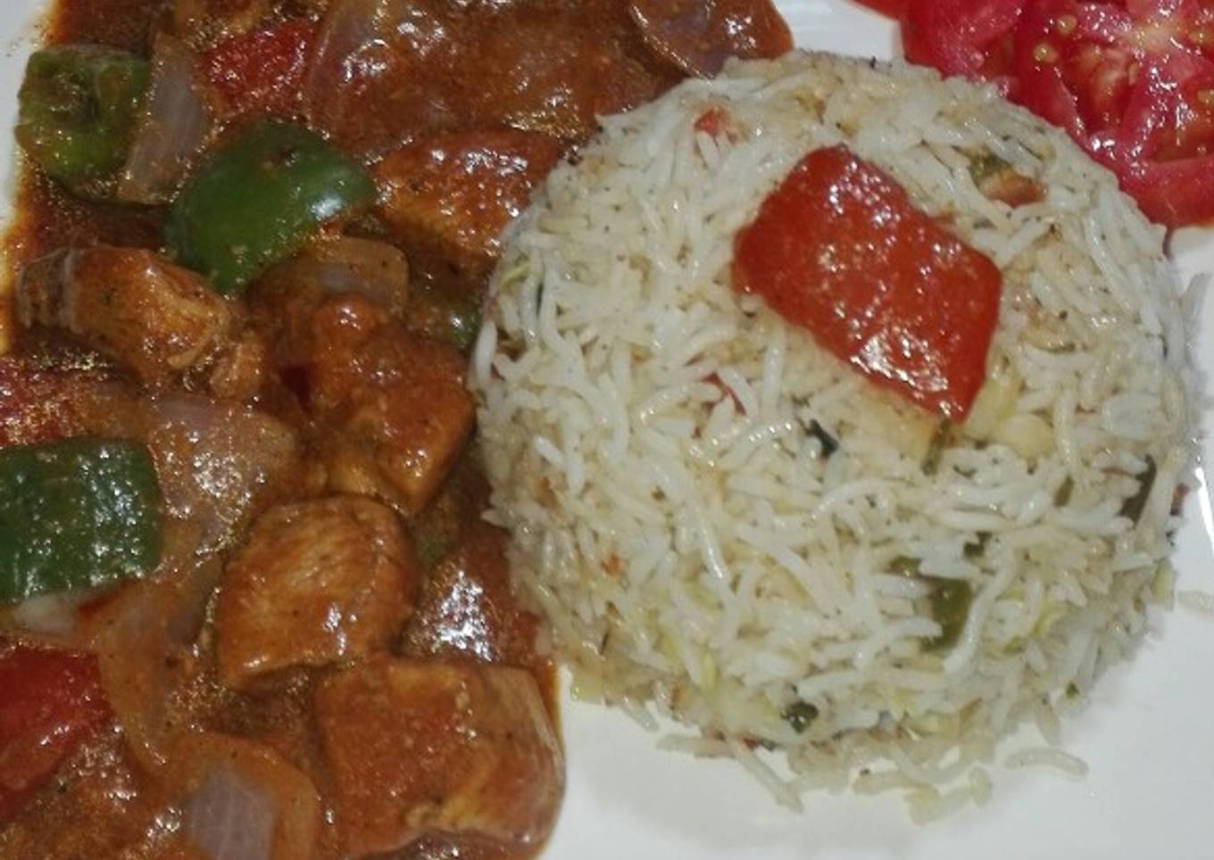 Chicken Shashlik With Gravy and Fried Rice