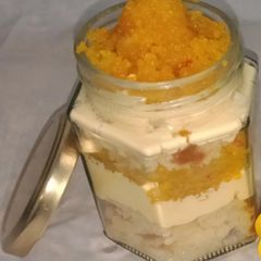 A picture of Motichur rabdi fusion jar cake.