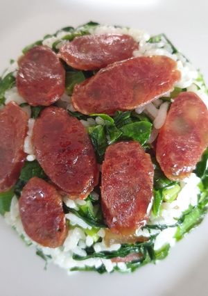 A picture of Fried rice with kailan and chinese sausage.