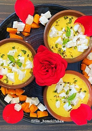 A picture of Coconut Jello on Mango Firni.