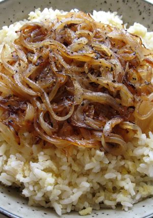 A picture of Lentils Rice With Sautéed Onion.