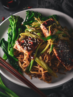 A picture of Glazed Tamarind, Honey & Chilli Trout With Chow Mein.