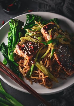 A picture of Glazed Tamarind, Honey & Chilli Trout With Chow Mein.