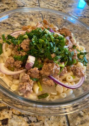Hình của món Nui soup thịt băm.