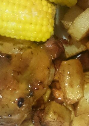 A picture of Lemon lime basil chilli roasted chicken with a lemon gravey.