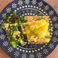 A picture of The perfect homemade Eggs Royale + hollandaise + mushroom and spinach.