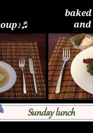 A picture of Sunday lunch (chicken noodle soup and baked chicken with potatoes).