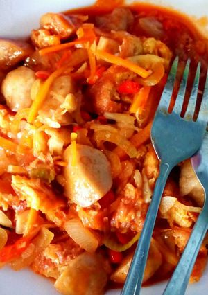 Foto resep Telur Dadar Bakso Saos Pedas
