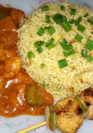 A picture of Chicken Shashlik with Egg Fried rice & Shashlik stick.