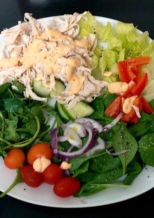 A picture of My favourite,Steamed Pulled Chicken Salad with a Spicy Mayonnaise.
