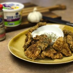 Fried Morels with garlic horseradish dip A picture of Fried Morels with garlic horseradish dip.