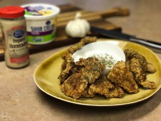 Fried Morels with garlic horseradish dip