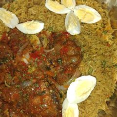 Fried rice with peppered chicken A picture of Fried rice with peppered chicken.