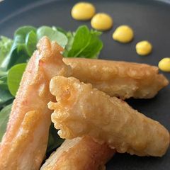 A picture of Beer Battered Crab Sticks with Lemon & Mustard Sauce.