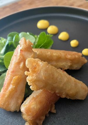 A picture of Beer Battered Crab Sticks with Lemon & Mustard Sauce.