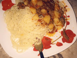 Spaghetti and shredded beef with potato soup