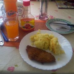 A picture of Coated fish fillet with mashed potatoes.