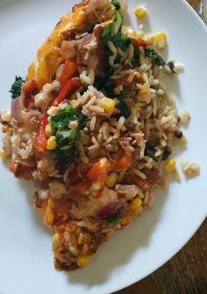 A picture of Vegetable and tuna rice/lentil bake.