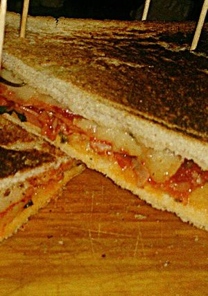 A picture of Tex's Pizza Toastie 🐷🧀 🍞🌿🍕.