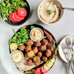 A picture of Falafel with homemade chickpea hummus.