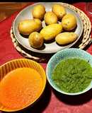 Cena saludable! Lubina, tirabeques y patatas con mojo rojo y verde