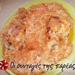 A picture of Cabbage in brine with chicken in the oven.