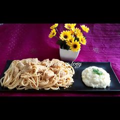 Spaghetti Chicken Lazone With Mashed Potatoes A picture of Spaghetti Chicken Lazone With Mashed Potatoes.