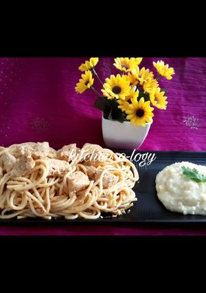A picture of Spaghetti Chicken Lazone With Mashed Potatoes.
