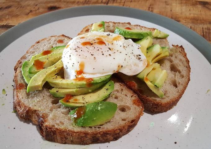 Soft poached egg and avocado on toasted sourdough