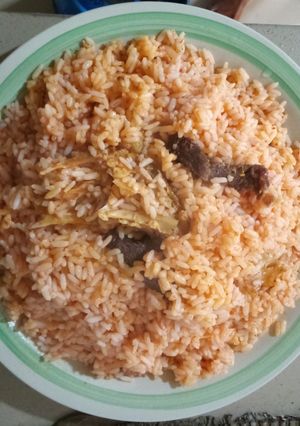 A picture of Party Jollof rice with stockfish.