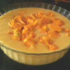 A picture of Mango custard with mango cubes.