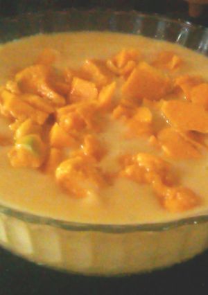 A picture of Mango custard with mango cubes.