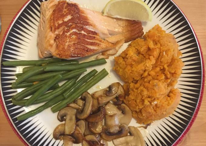 Easiest Way to Make Any-night-of-the-week Salmon with sweet potato mash and vegetables