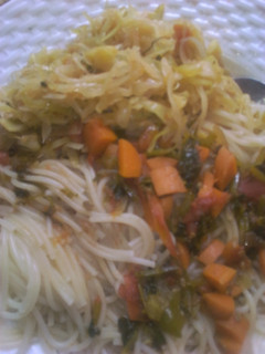A picture of Spaghetti and fried cabbage.